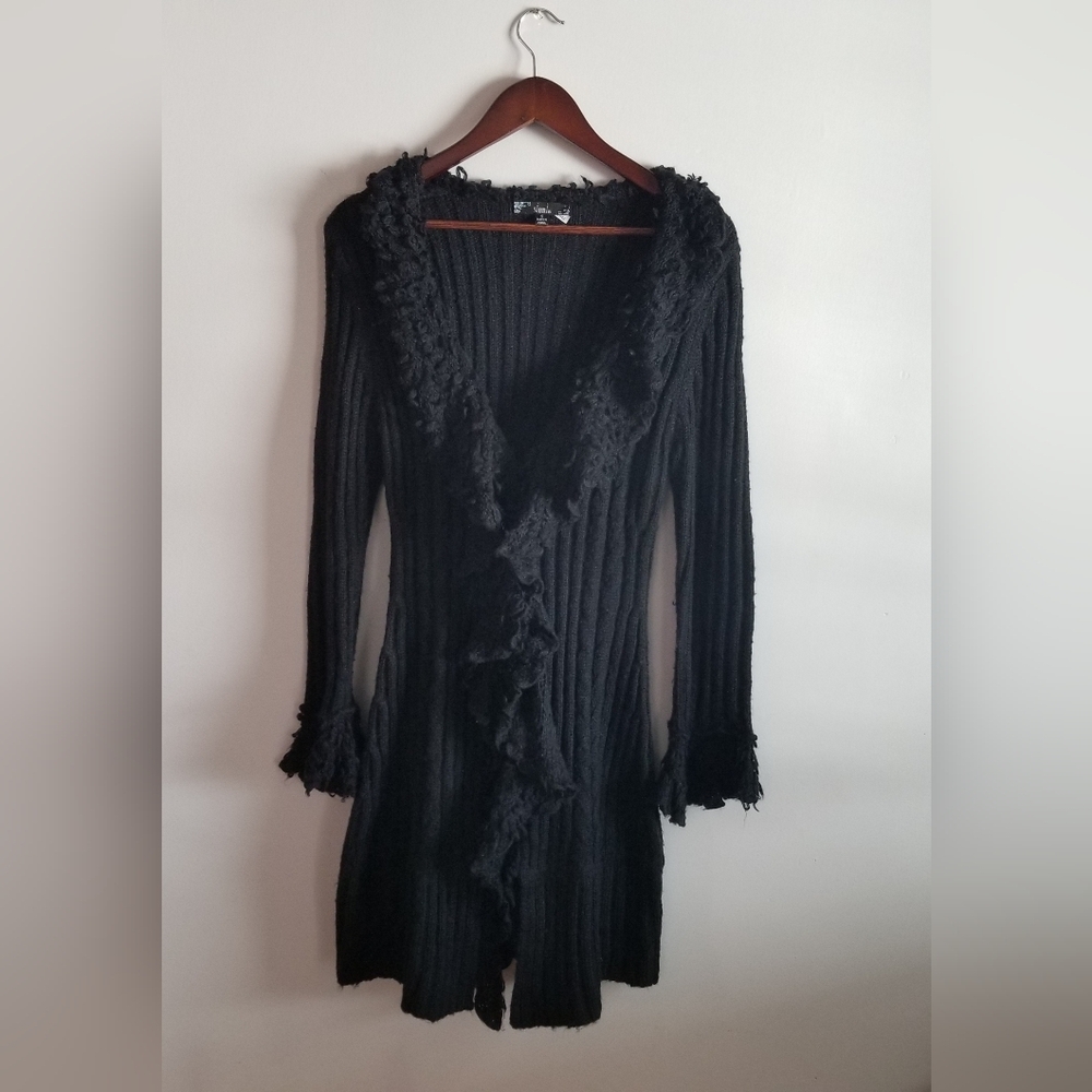 Y2K Sioni Long Black Knitwear Ruffled Cardigan Size Small